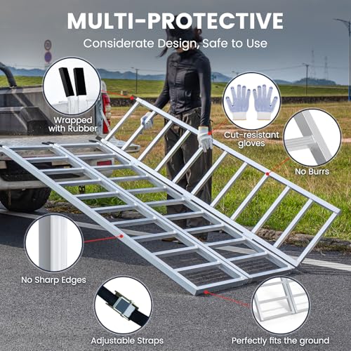KROAK Aluminum Loading Ramp 77" x 54" Ultra-Wide, 1800LBS Capacity, Aluminum Tri-Fold Ramps with Ski Guides for Motorcycle/Dirt Bike/Trailer/ATV/UTV/Garden Tractor/Lawn Mower