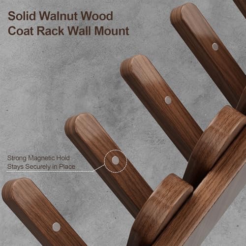 Walnut Wood Coat Rack Wall Mount,16.5" Wall Mounted Coat Rack with 8 Retractable Hangers,Heavy Duty Coat Hooks for Hanging Coats,Hats,Towels,Bags,Key Holder for Entryway - color: Walnut