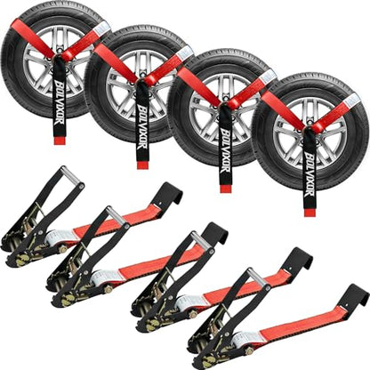 4 Pack Car Tie Down Straps for Trailers - 2" x 96" - 9900LBS Break Strength - Heavy Duty Tire Ratchet Straps with Flat Hooks for Hauling UTV, SUV, Truck, Any Cars - color: Red