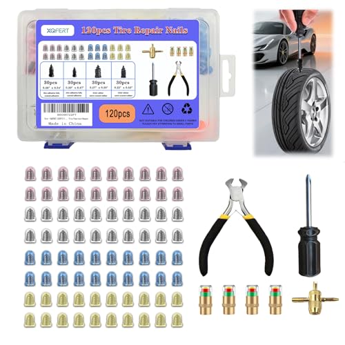 120PCS Tire Plugs Screw Type, Tire Repair Screws with 4 Sizes, Tire Repair Rubber Nail Kit, Tire Plug Kit for Car, Motorcycle, Truck, Tractor Tire Puncture Repair