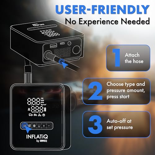 INFLATiQ by RIMiQ Tire Inflator Blue - Powerful, Award-Winning QWIKFLOW Technology with 2 Portable Power Options Included - Strong Vehicle Air Pump for Trucks, Cars, Motorcycles, Bicycles, Balls