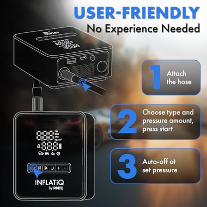 INFLATiQ by RIMiQ Tire Inflator Blue - Powerful, Award-Winning QWIKFLOW Technology with 2 Portable Power Options Included - Strong Vehicle Air Pump for Trucks, Cars, Motorcycles, Bicycles, Balls