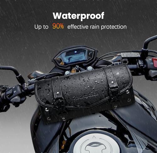 Motorcycle Tool Fork Bag Waterproof PU Leather Roll Bag Universal Front Fork Handlebar Sissybar Storage Suitable for Harley Honda Suzuki Kawasaki (Black Classic Buckle)