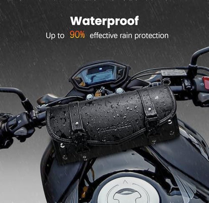 Motorcycle Tool Fork Bag Waterproof PU Leather Roll Bag Universal Front Fork Handlebar Sissybar Storage Suitable for Harley Honda Suzuki Kawasaki (Black Classic Buckle)