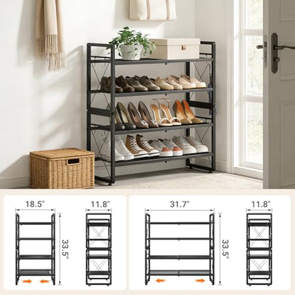 ELYKEN Shoe Rack, 4-Tier Expandable Shoe Organizer for Entryway, Metal Black Shoe Shelf with 8 Hooks, Adjustable Shoe Stand Holder for Closet, Garage, Door Entrance - size: 4-Tier