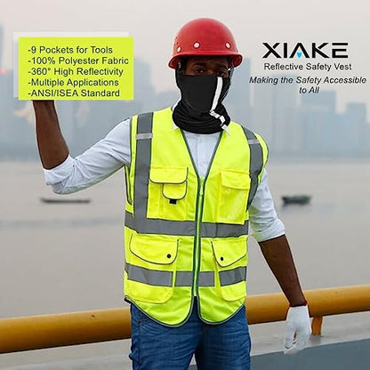XIAKE 9 Pockets Class 2 High Visibility Reflective Safety Vest for Men Women,Meets ANSI/ISEA Standard - color: Yellow, size: Large