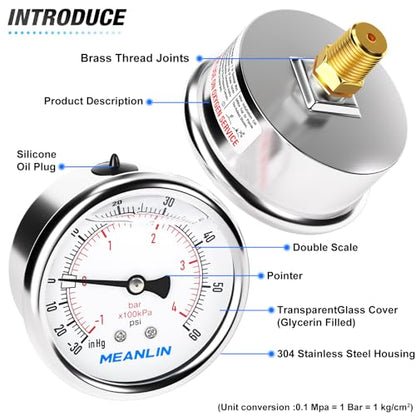 MEANLIN MEASURE -30inHG~60Psi Vacuum Pressure Gauge 1/4" NPT 2.5" FACE DIAL, Stainless Steel Liquid Filled Pressure Gauge WOG Water Oil Air Center Back Mount - size: -15-60Psi