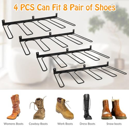 4 Pack Boot Rack Wader Hangers Wall Mount Holds 8 Pairs, Organizer Hanging Metal Tall Holder for Cowboy Garage Storage Closet Entryway Outdoor Drying, Black