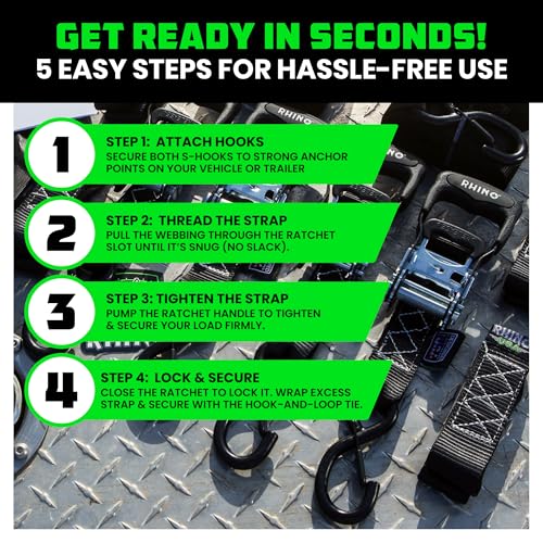 RHINO USA Ratchet Straps Tie Down Kit, 5,000 Break Strength - Includes Heavy Duty Rachet Tiedowns with Padded Handles & Coated Chromoly S Hooks + Soft Loop Tie-Downs - color: Black, size: 8ft - 2 Pack