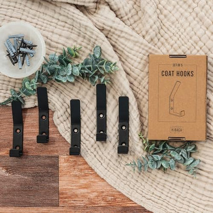 Decorative Coat Hooks For Wall Mount Set of 5 - Stylish and Sturdy Black Metal Double Hooks Are Perfect To Hang Your Jackets, Towels Or Hats - A Modern Addition To Any Farmhouse or Minimal Home Decor