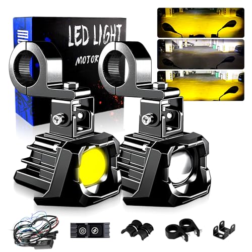 Motorcycle Auxiliary Lights Driving LED Fog Lights Spotlights White/Amber High/Low Beam with 7 Modes Dual-Color, Universal Fit for Motorcycle SUV ATV UTV, 2PCS