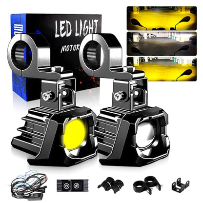 Motorcycle Auxiliary Lights Driving LED Fog Lights Spotlights White/Amber High/Low Beam with 7 Modes Dual-Color, Universal Fit for Motorcycle SUV ATV UTV, 2PCS