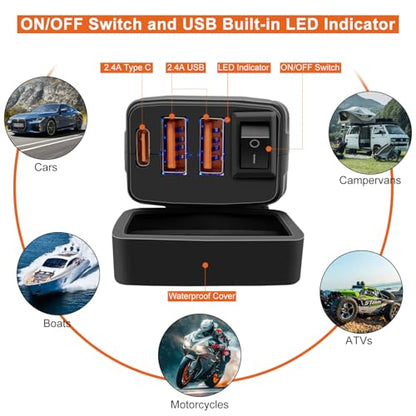 Waterproof Motorcycle USB Charger with 3 Ports, 36W Universal Fit SAE to USB Fast Charging Adapter with ON Off Switch