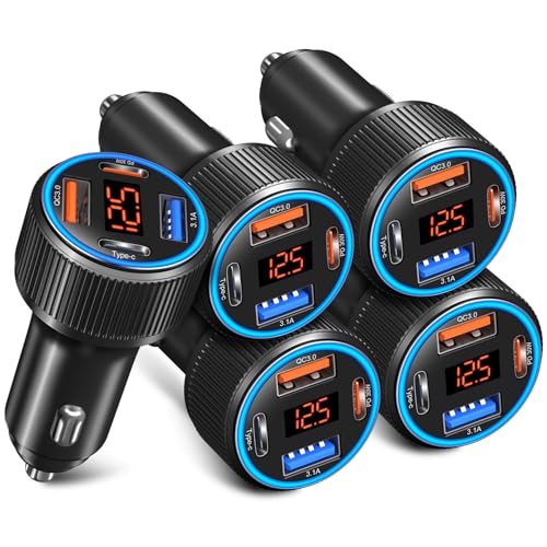 5 Pack USB C Car Charger, 4-Port 65W Car Power Adapter with Voltmeter QC+PD 3.0 Fast Charging Cigarette Lighter USB Charger for iPhone 17/16/15/14/13/12 Pro Max,Galaxy S25/S24,Android(Black) - color: Black, size: 5-Pack