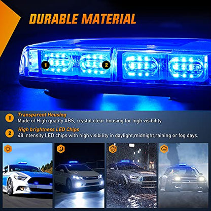 Nilight 12 Inch Roof Top Strobe Lights 48LED Hazard Light Emergency Safety Warning LED Flashing Bar Magnetic Mount 12V 24V Cars Trucks Tractors Snow Plows Construction Vehicles - color: Blue