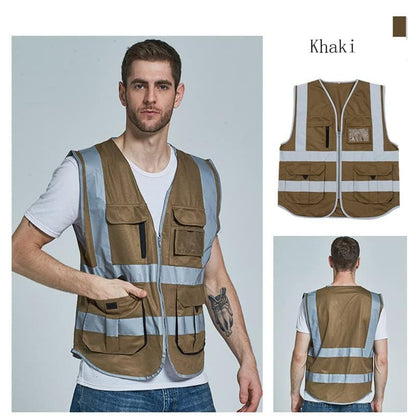 High visibility reflective safety vest multi pockets Hi-vis vest workwear safety waistcoat with reflective strips - color: Brown, size: Medium