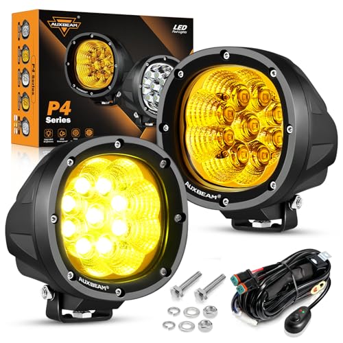 Auxbeam 4 Inch Amber Round LED Driving Light, 2PCS 90W 9000LM Yellow Fog Pods Light Bar Off-Road Flood Work Energy-Efficient Lights with DT Plug Wiring Harness Kit for Truck Jeep Pickup ATV UTV SUV - color: P4 Series-Amber Flood Beam