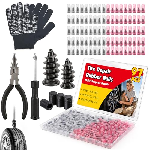 97PCS Tire Repair Rubber Nail Kit, 2 Sizes Spiral Screw-in Tire Plugs, Tire Screw Plugs with Screwdriver, Pliers, Gloves, Fast Self-Service Tool for Car, Truck,Motorcycle,Tractor Tire Puncture Repair - size: 97PCS