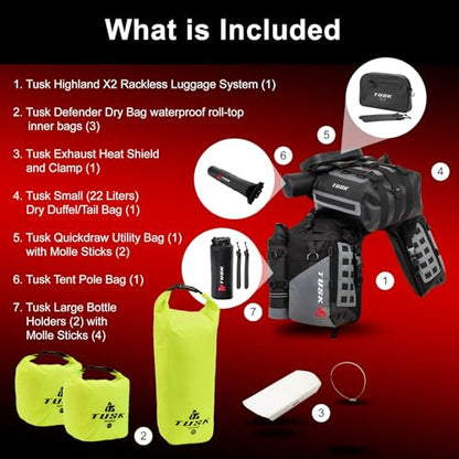 TUSK Highland X2 Rackless Luggage System w/Small Dry Duffel/Large Bottle Holders Standard Heat Shield Black/Grey - color: Black/Grey, size: Small Dry Duffel/Large Bottle Holders, style: Standard Heat Shield