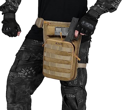 Motorcycle Tactical Drop Leg Thigh Bag with Holster Handgun Firearm Pistol Bag for Men Hunting Shooting Range Additional 3 Magazine Storage Slots - color: Tan Khaki Brown