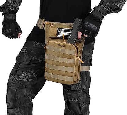 Motorcycle Tactical Drop Leg Thigh Bag with Holster Handgun Firearm Pistol Bag for Men Hunting Shooting Range Additional 3 Magazine Storage Slots - color: Tan Khaki Brown