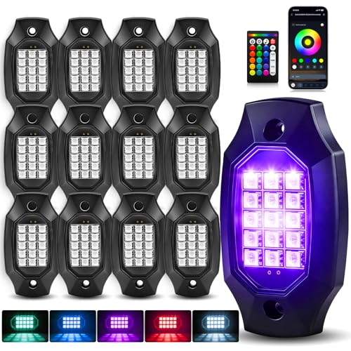 12 Pods RGB LED Rock Lights High Brights IP67 Waterproof with APP/RF Remote Control Underglow Multicolor Zone Neon Exterior Rock Lights for 12V Trucks Jeep Offroad Pickup SUV UTV ATV RZR - size: 12 PODS
