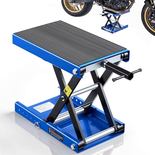 VEVOR Motorcycle Lift, 1100 lbs Motorcycle Scissor Lift Jack with Wide Deck & Lock Pin, 3.74"-13.38" Center Hoist Crank Stand, Steel Scissor Jack for Street Bikes, Cruiser Bikes, Touring, Blue/Black - color: Blue