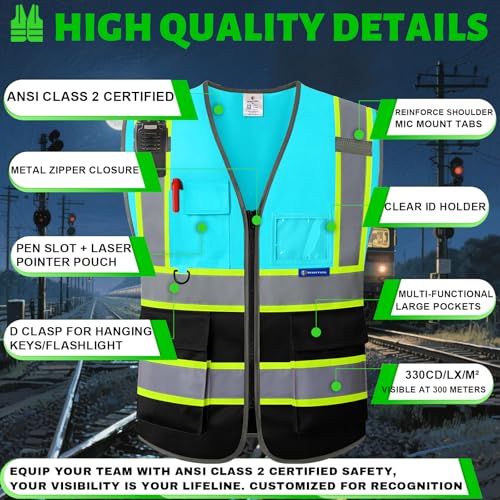 BeautyWill Personalized Team Vest: Class 2 Hi-Vis Safety Vest for Men | Custom Logo & 5 Reflective Pockets - color: 003-blueblack-knit-1pcs, size: 3X-Large