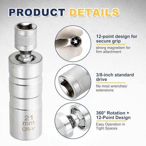 HARFINGTON 2pcs Spark Plug Socket Set 3/8" Drive 21mm Swivel Magnetic 12 Point Thin Wall Spark Plug Socket with 360 Degree Swivel CR-V Steel, Silver - size: 21mm