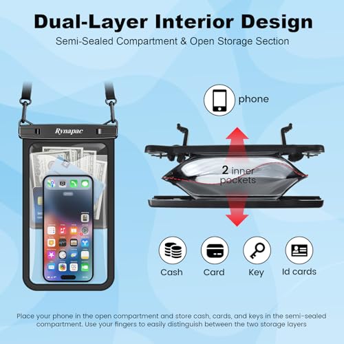 Rynapac Large Waterproof Phone Pouch [Up to 10"] - 2 Pack IPX8 Waterproof Phone Case for iPhone 17 16 15 Pro Max Galaxy S26 Ultra, Touchscreen & Underwater Photography, Beach Cruise Essentials 2026 - color: [Black + Black] Large Waterproof Phone Pouch, si