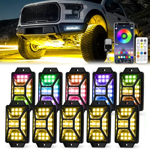 10 Pods Full Angle RGB Rock Lights Compatible with 12V Trucks Jeep UTV SUV ATV Boat Golf Cart, Waterproof Multi-Color, App/Remote Control Led Rock Lights with Music Mode(Patented) - size: 10 Pods-Full Angle-(New 3 Control Mode)-12V