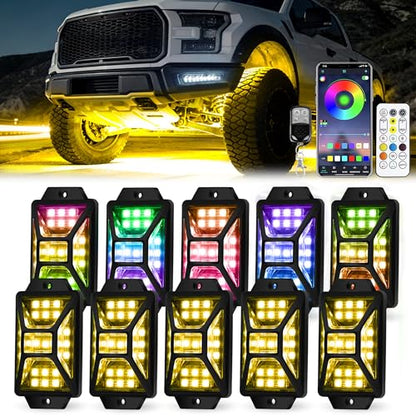 10 Pods Full Angle RGB Rock Lights Compatible with 12V Trucks Jeep UTV SUV ATV Boat Golf Cart, Waterproof Multi-Color, App/Remote Control Led Rock Lights with Music Mode(Patented) - size: 10 Pods-Full Angle-(New 3 Control Mode)-12V