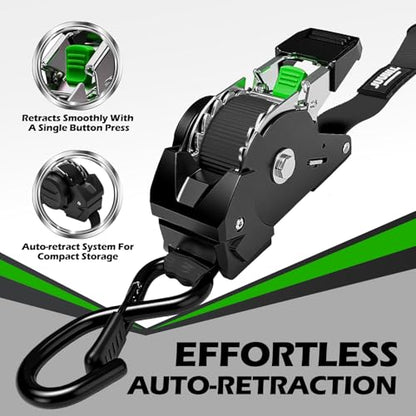 Retractable Ratchet Straps (4-Pack) 1” x 10ft - 1,650lb Break Strength, Heavy-Duty Auto Retracting Tie Down Straps for Cargo, Motorcycle, ATV, UTV, Kayak & Transport (Black) - color: Black