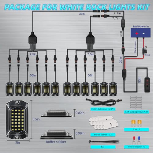 12Pods Full Angle All Pure White LED Rock Lights Full Kit Plug and Play & Pre Wired 6500K with Switch Harness Wiring Extension Fuse, 336Chips Waterproof Underglow 12V for Truck Pickup Jeep ATV Offroad - size: 12Pods