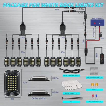 12Pods Full Angle All Pure White LED Rock Lights Full Kit Plug and Play & Pre Wired 6500K with Switch Harness Wiring Extension Fuse, 336Chips Waterproof Underglow 12V for Truck Pickup Jeep ATV Offroad - size: 12Pods