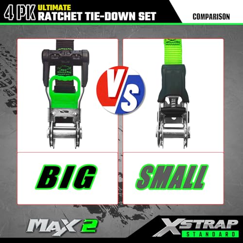 XSTRAP STANDARD 4PK Motorcycle Ratchet Straps, 1" x 15ft, 2,200 lbs Break Strength Tie Down Straps with Safety Lock S-Hooks, Soft Loop Straps and Stickers for Trucks, Cargo, Moving (Green) - size: Green-2200 lbs-4Loops