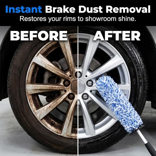 Wheel Barrel Cleaning Brush,2026 New Long Handle Microfiber Wheel Brush Car Duster,Lightweight Rim Detailing Tool for Narrow Spokes & Brake Calipers (Black+Blue Set) - color: Black+Blue Set
