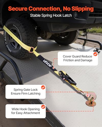 VEVOR Wheel Chock Tie-Down Kit, Tire-Style Trailer Tie Down Strap, Car Tie Down Kit with Spring Hook, Break Strength 10009 lbs & Working Load 3333 lbs Motorcycle System for ATV, SUV, Trailer - style: Tire-Style with Spring Hook