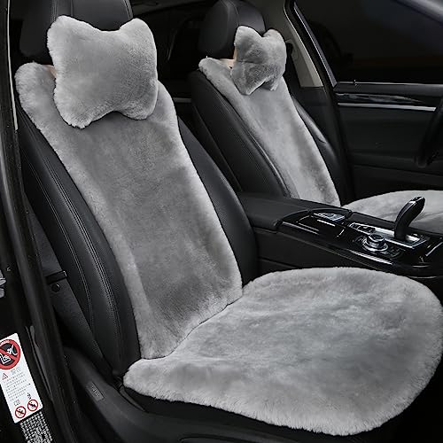 OGLAND 2 Pack FuzzySheepskin Car Driver Seat Covers, Shearling Fluffy Genuine Wool Seat Cushions for Auto Interior Accessories with Soft Fuzzy Natural Fur Non-Slip(Misty Gray) - color: Misty Gray