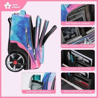 NEW TILAMI 20" Rolling Backpack for Teens Adults, Climbing Stairs Waterproof Backpack with Wheels for School Business Trave Camping with Laptop Compartment, Fit 17 Inch Laptop, Pop Gradient - color: Pop Gradient