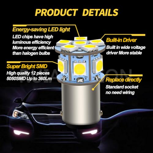 Ruiandsion 2pcs 6V BA15D 5050 12SMD 6000K White LED Light Bulbs for Back Up Reverse Lights Turn Signal Tail Lights - color: White, size: BA15D