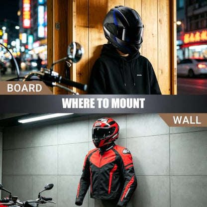 Wall Mount Helmet Holder, Motorcycle Cap Gear Rack, Pine Wood & Iron with Hook, Multi-Purpose Display Hanger for Jackets, Hats