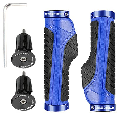 TOPCABIN Ergonomic Bike Grips - Widen Holding Rubber Grips with Aluminum LockGrips for Mountain & Road Bikes - color: Knife Style, Blue/Black (Aluminum Lock Plug)1 Pair