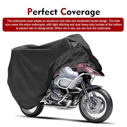 Motorcycle Cover, Waterproof Outdoor Bike Cover with Lock Holes, All Season Protection Covers with Storage Bag, Universal Motorcycle Accessories for Dirt Bikes, Scooters (Black)