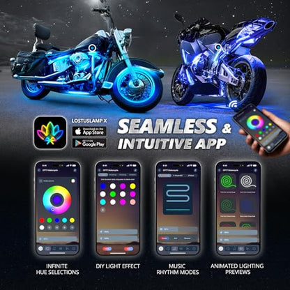 OPT7 12pcs Motorcycle LED Strip Lights with App & Remote Control, RGB Multicolor & Sound Sync Neon Accent Bike Underglow Lighting Kit, 12V Switch for Harley Honda Yamaha Kawasaki