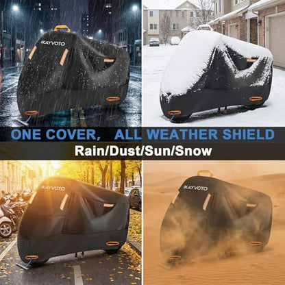 Motorcycle Cover 420D Heavy Duty | All Season Waterproof Outdoor Weather Sun Rain Protection Powersports Vehicle Cover | with 4 Reflective Tape, Lock-Holes, Storage Bag fits up to 104.3" - size: 104.3"
