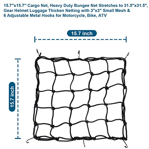 15.7"x15.7" 2Pack Bungee Cargo net Motorcycle, Made of Latex Heavy Duty Bungee Net Stretches to 33"x33", Luggage Thicken Netting with3 x3 Small Mesh&6 Adjustable Metal Hooks for Motorcycle, Bike, ATV
