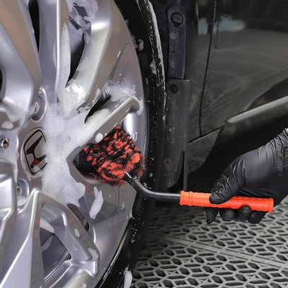 SPTA Angled Car Wheel Brush Set, 2Pcs Car Detailing Cleaning Brush Synthetic Wool Rim Cleaner Brush, Flat Spoke Brush, Metal Free Rim Tire Detail Brush, Remove Brake Dirt Behind Your Rim Accessories - color: 2pcs