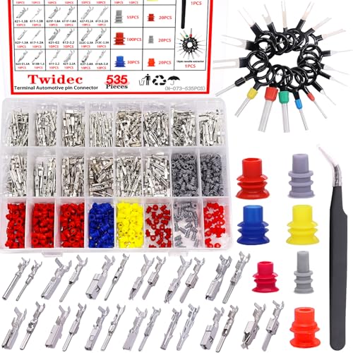 Twidec/535Pcs Car Electrical Wire Terminal Pins Connector Kit 1/1.5/1.8/2.2/2.8/3.5mm 26Type Male&Female Connector Pins Terminal Auto Electric Connectors Non-Insulated Plug Removal Crimp Pins - size: 535PCS | Without Crimper Tool