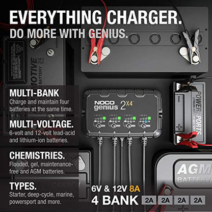 NOCO GENIUS2X4: 8A 4-Bank Smart Battery Charger (2A/Bank) - 6V/12V Automatic Maintainer, Trickle Charger & Desulfator with Overcharge Protection & Temperature Compensation – for Lead-Acid & Lithium